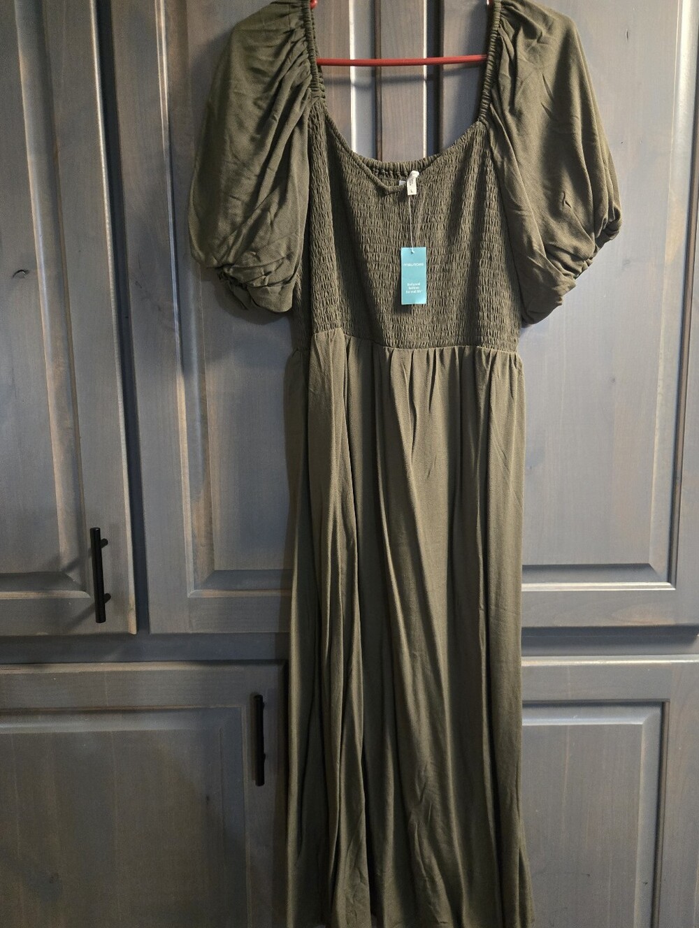 Maurices Olive Puff-Sleeve Maxi Dress with Smocked Bodice